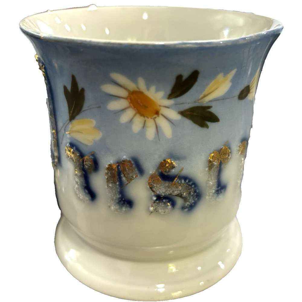 Antique German Gift "Present" Cup Mug Blue & White Gold Trim Floral Victorian